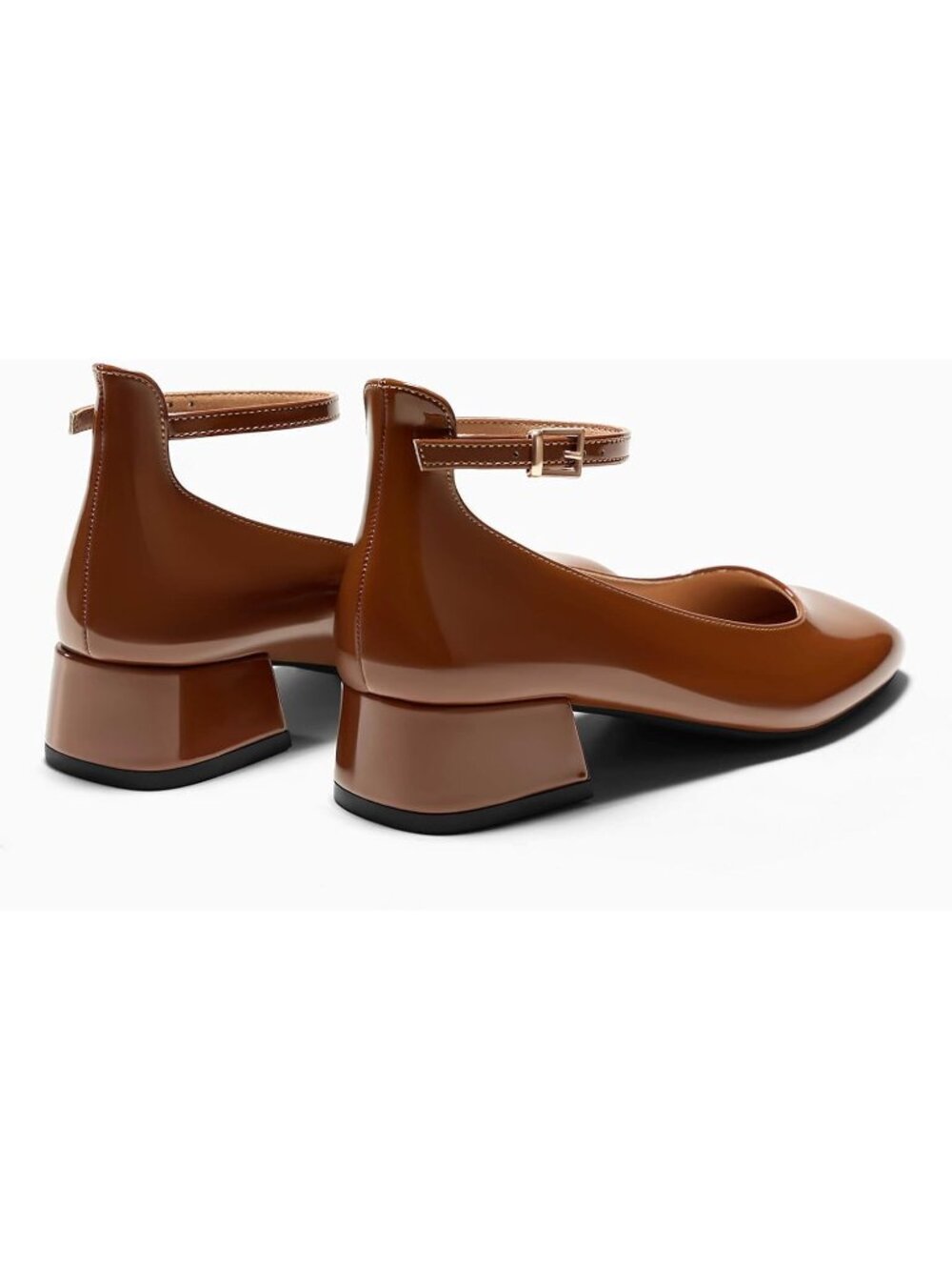 Women's Brown Chunky Low Heels Closed Square Toe Ankle Strap Pumps Shoes - Picture 5 of 6